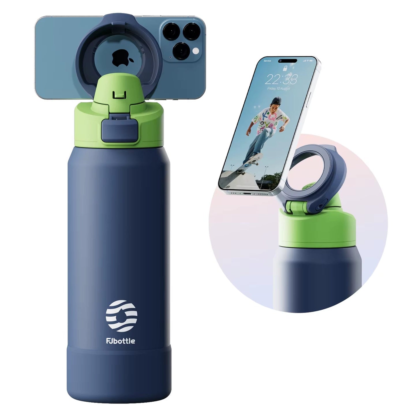 Botella de agua deportiva de acero - termo con soporte magnético para teléfono, con tapa rebotante y taza aislante.
