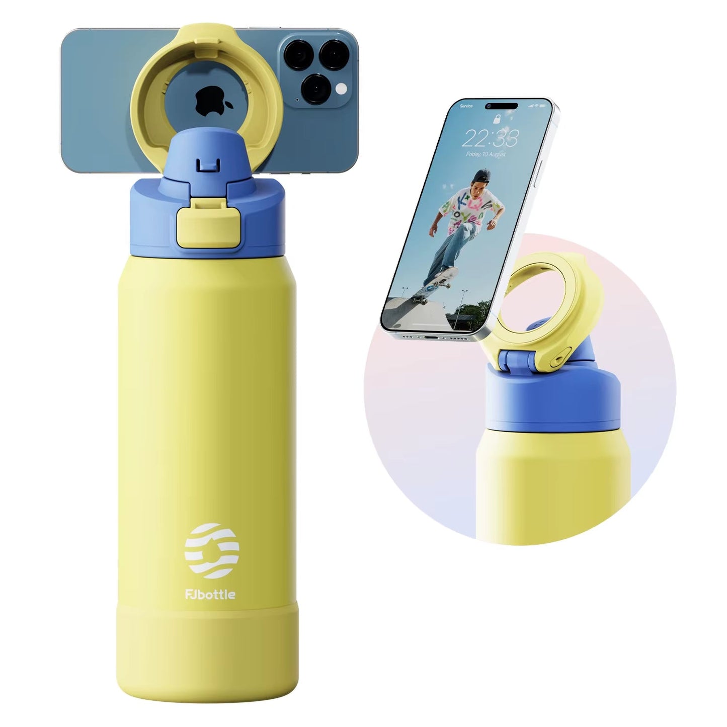 Botella de agua deportiva de acero - termo con soporte magnético para teléfono, con tapa rebotante y taza aislante.