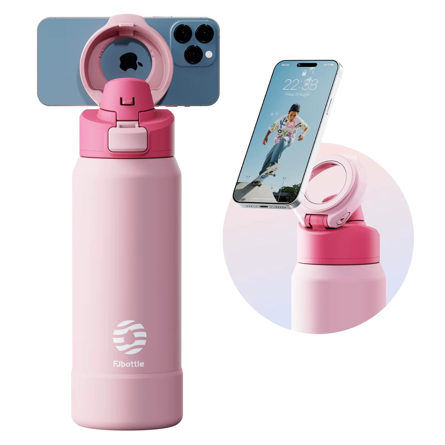 Botella de agua deportiva de acero - termo con soporte magnético para teléfono, con tapa rebotante y taza aislante.
