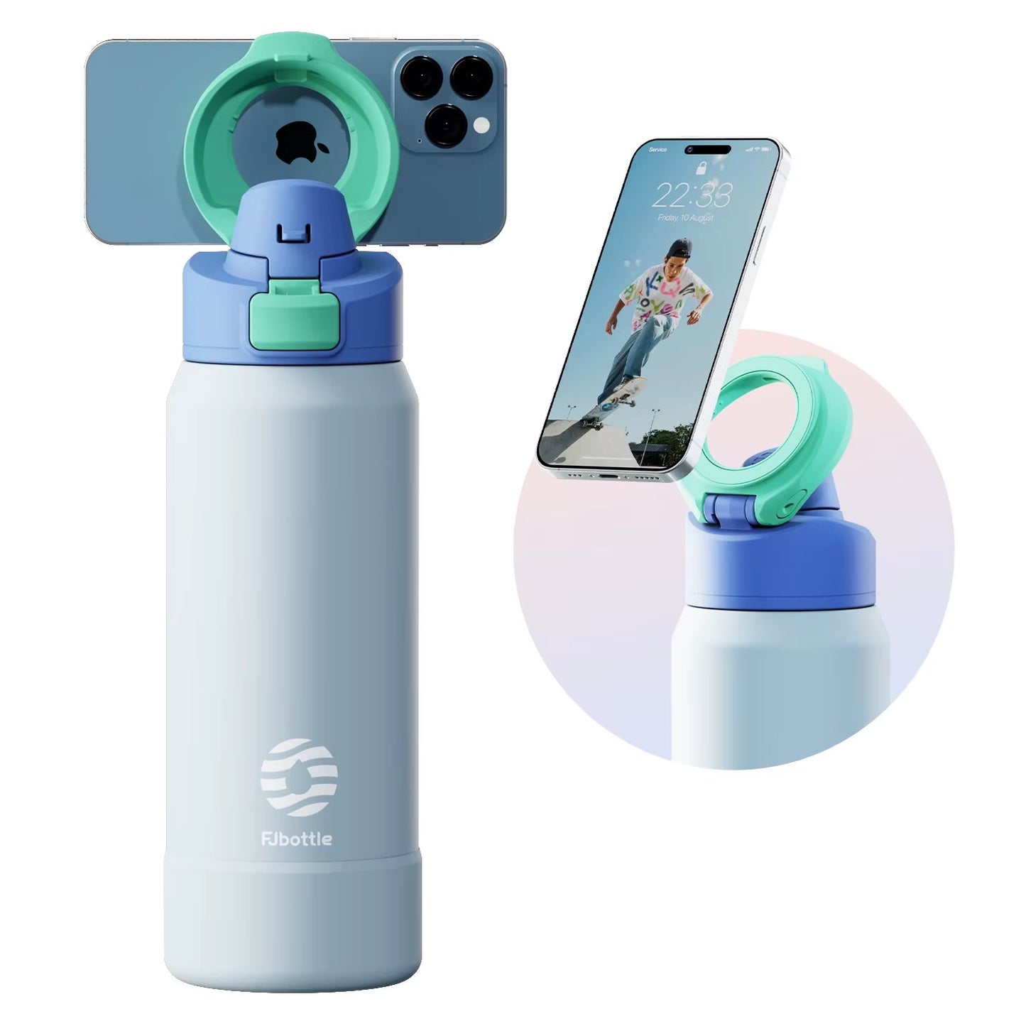 Botella de agua deportiva de acero - termo con soporte magnético para teléfono, con tapa rebotante y taza aislante.