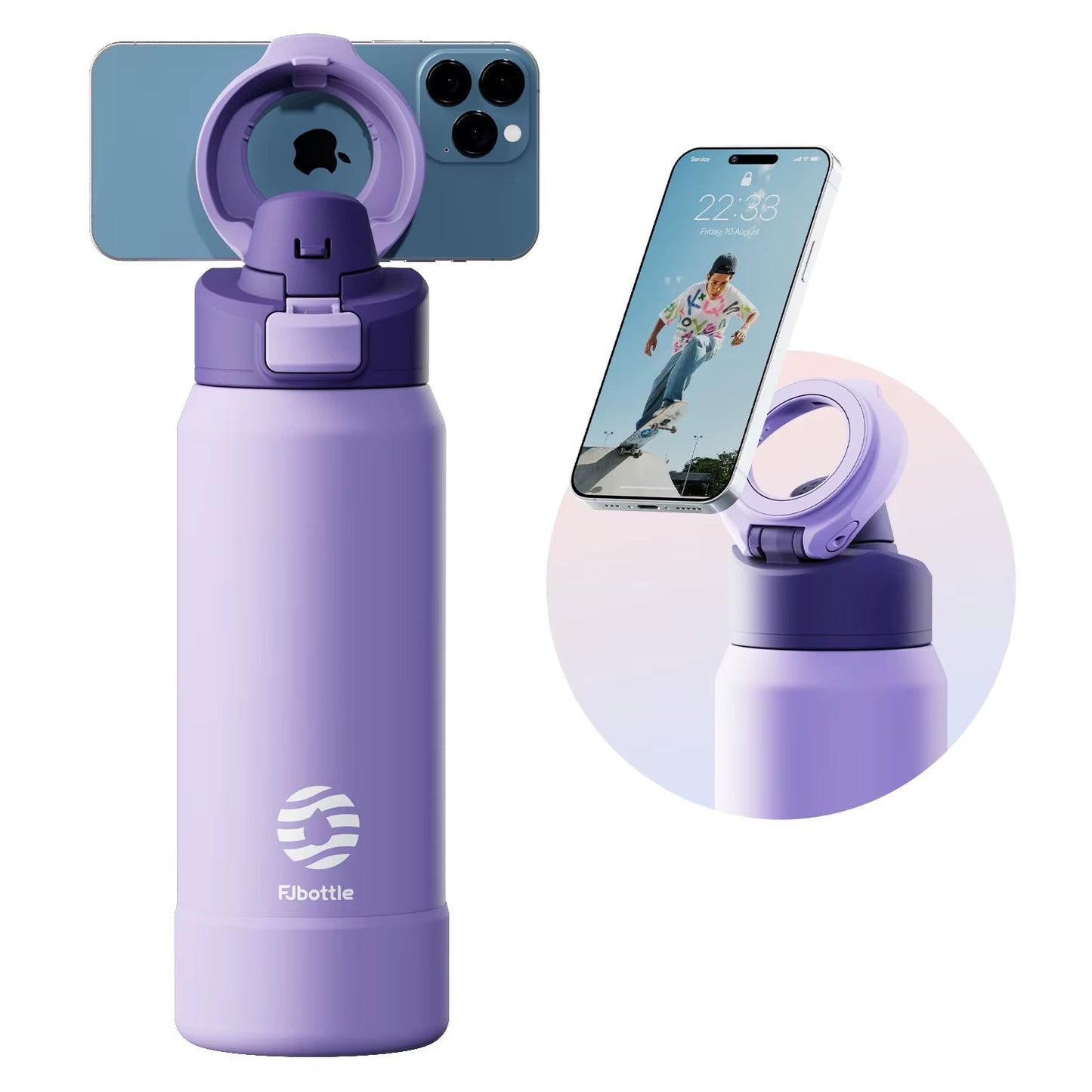 Botella de agua deportiva de acero - termo con soporte magnético para teléfono, con tapa rebotante y taza aislante.