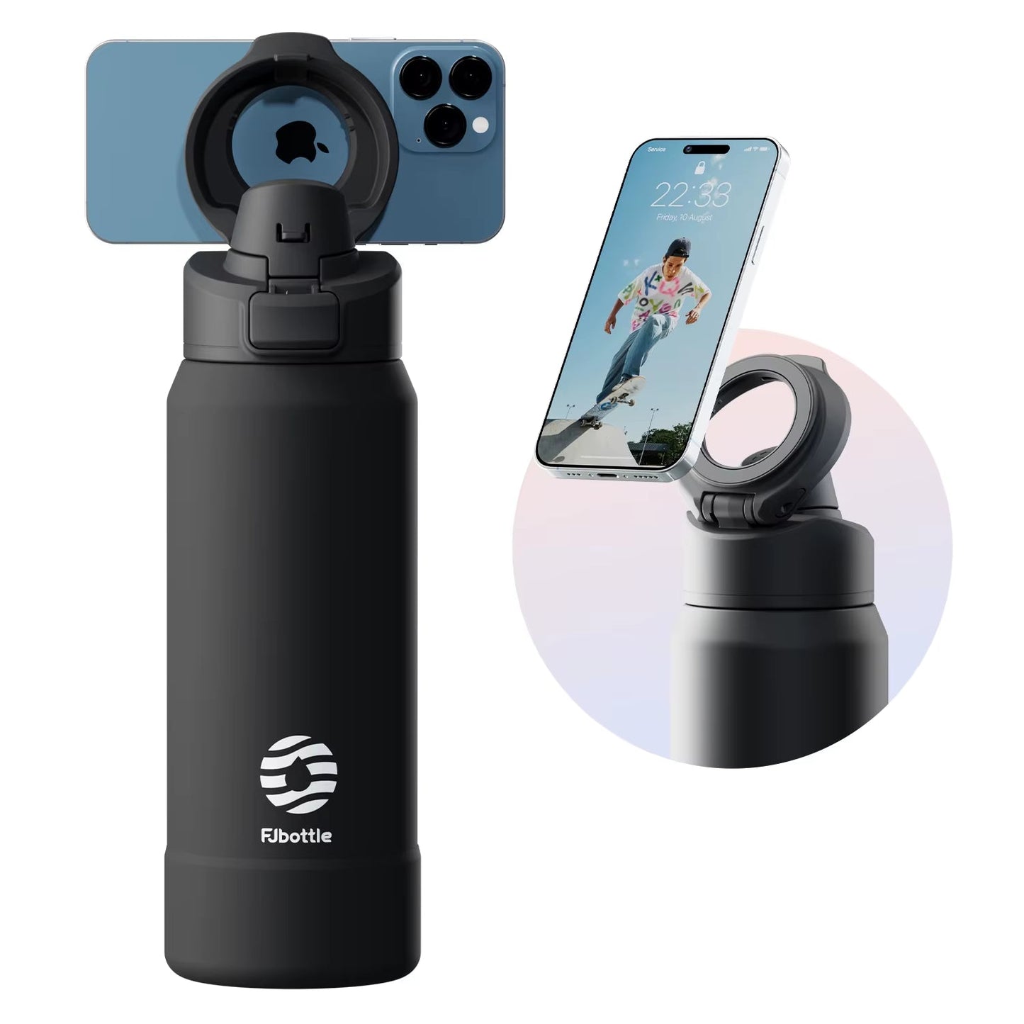 Botella de agua deportiva de acero - termo con soporte magnético para teléfono, con tapa rebotante y taza aislante.